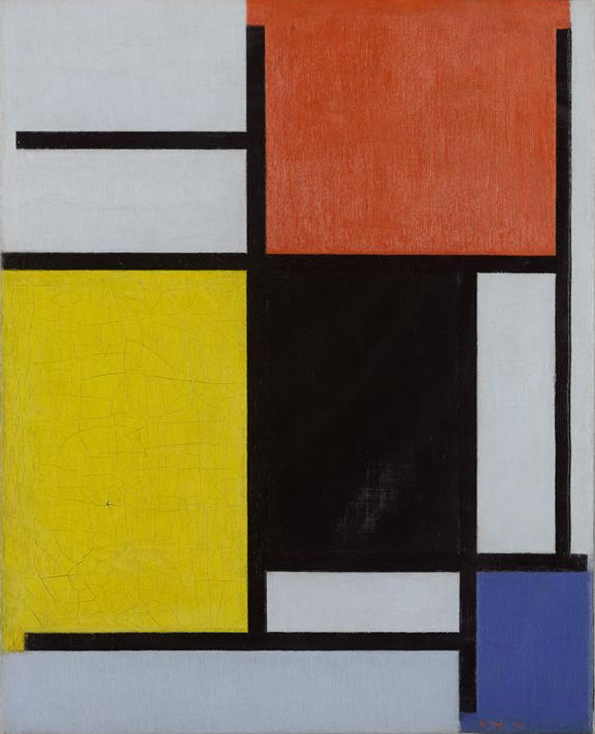 Komposition mit Rot, Gelb, Schwarz, Blau und Grau